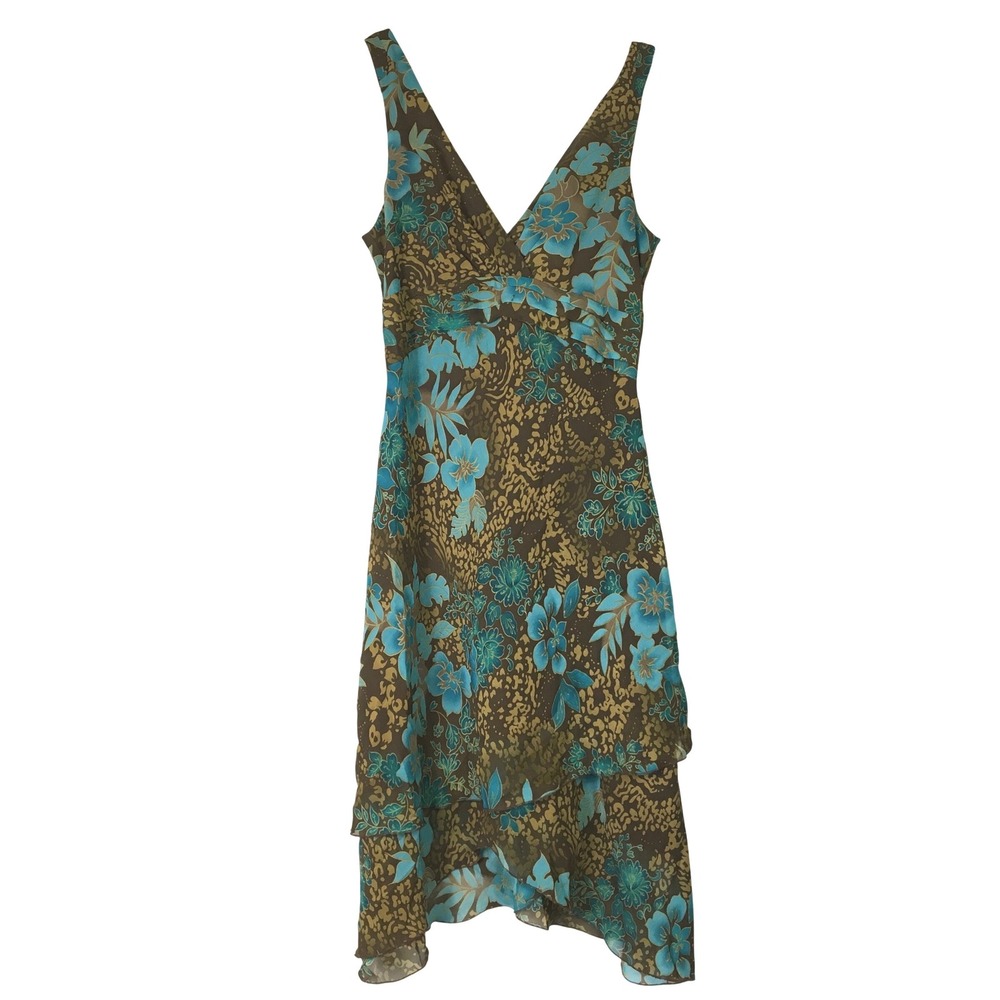 D.J.‎ Summers Brown Teal Floral Paisley Handkerchief Hem Midi Dress Size 8 Y2K